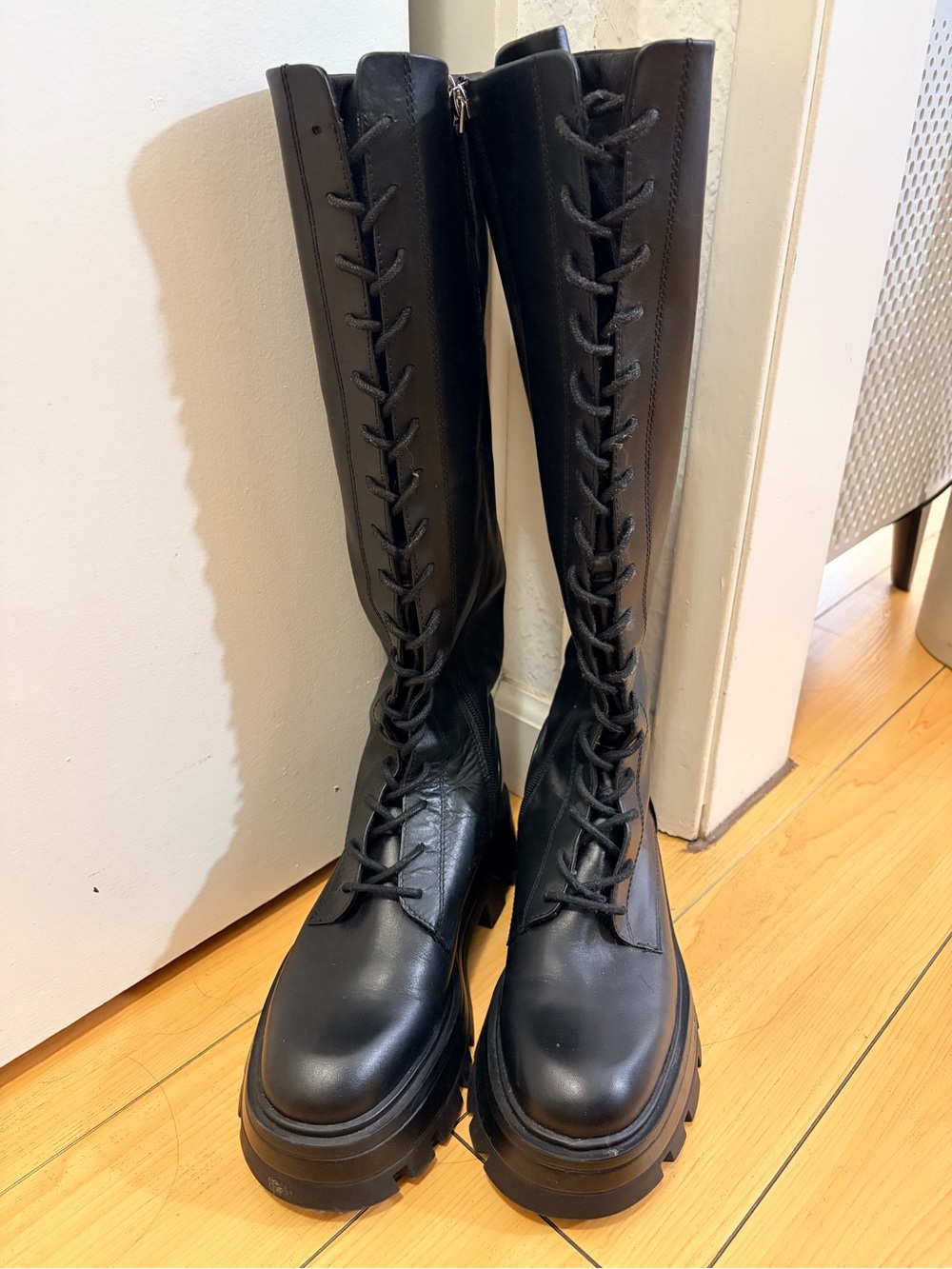 Black Lace-Up Knee-High Boots